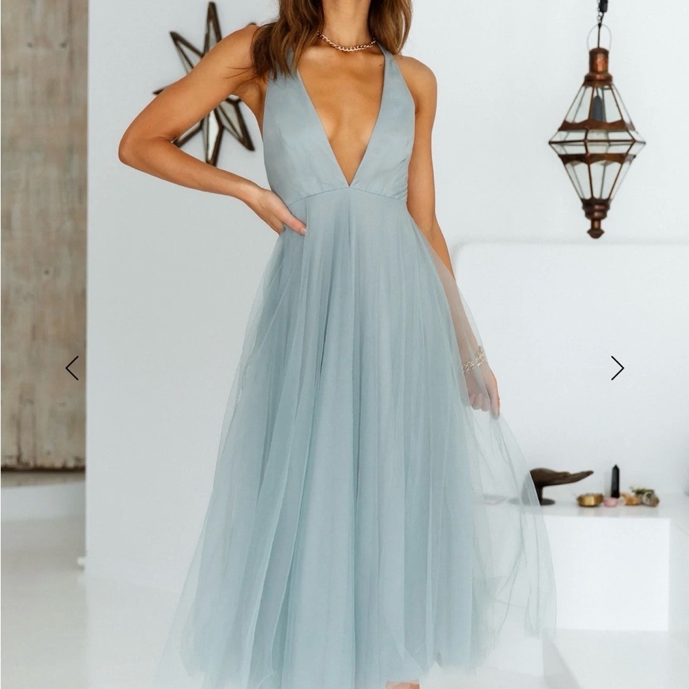 Hello Molly Dusty Blue Plunging V Tulle Dress - Picture 2 of 6